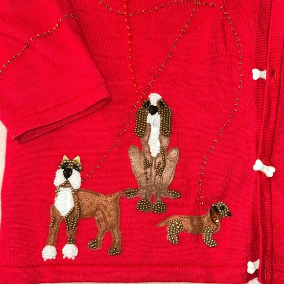 Vintage Quacker Factory Red Cardigan with Puppy Dog Embroidery XL Bone Buttons - Picture 2 of 8